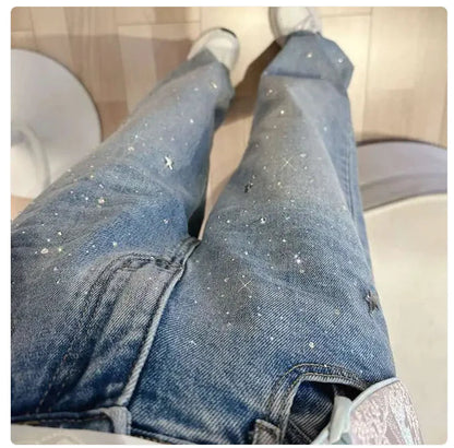 High-Waist Rhinestone Straight-Leg Jeans WEM Support (www.WEM.support)