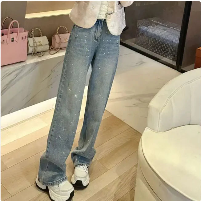 High-Waist Rhinestone Straight-Leg Jeans WEM Support (www.WEM.support)