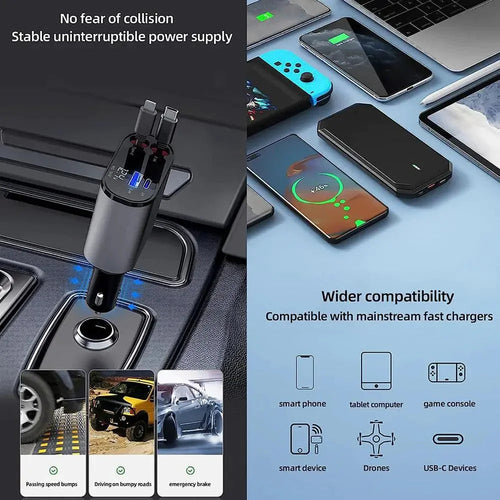 Retractable Car Charger 4 in 1 Fast Charging WEM Support (www.WEM.support)