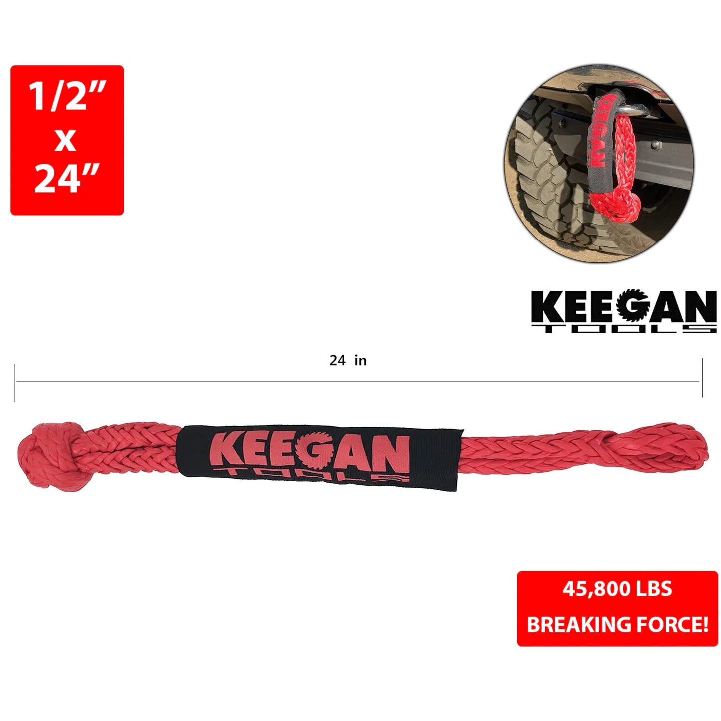 1/2" x 24" 65,000LBS Soft Shackle Recovery Rope For SUV Winch Snatch Off Road US WEM Support (www.WEM.support)