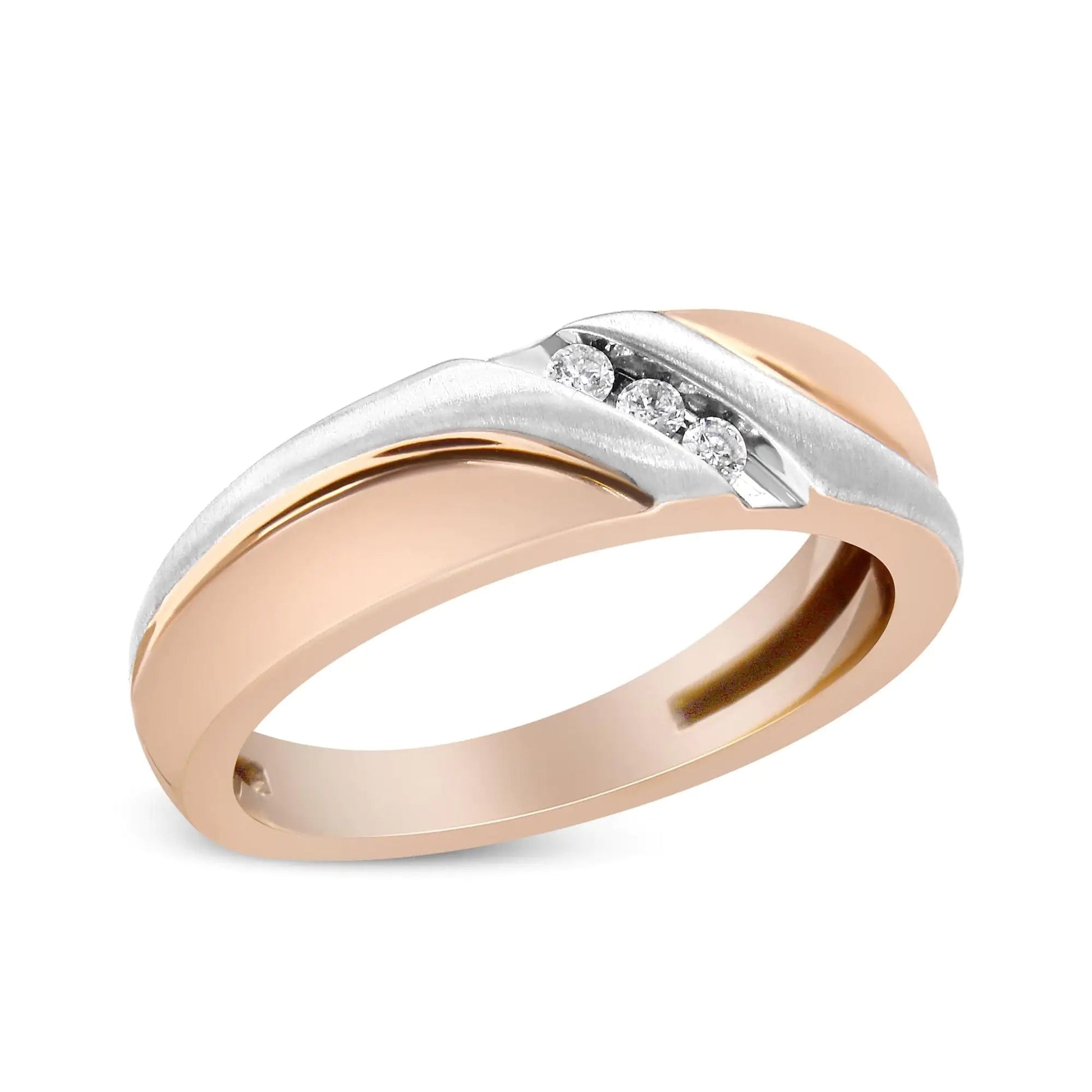 10K White and Rose Gold 1/10 Cttw 3-Stone Tension Slant Band Matte Finish Ring for Men (I-J Color, I2-I3 Clarity) WEM Support (www.WEM.support)