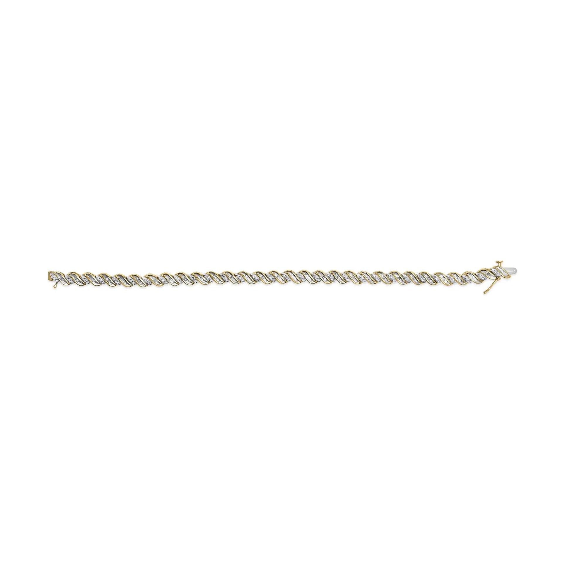 10k Yellow Gold 1.00 Cttw Round-Cut and Baguette-Cut S-Link 7.25" Bracelet (I-J Color, I2-I3 Clarity) WEM Support (www.WEM.support)