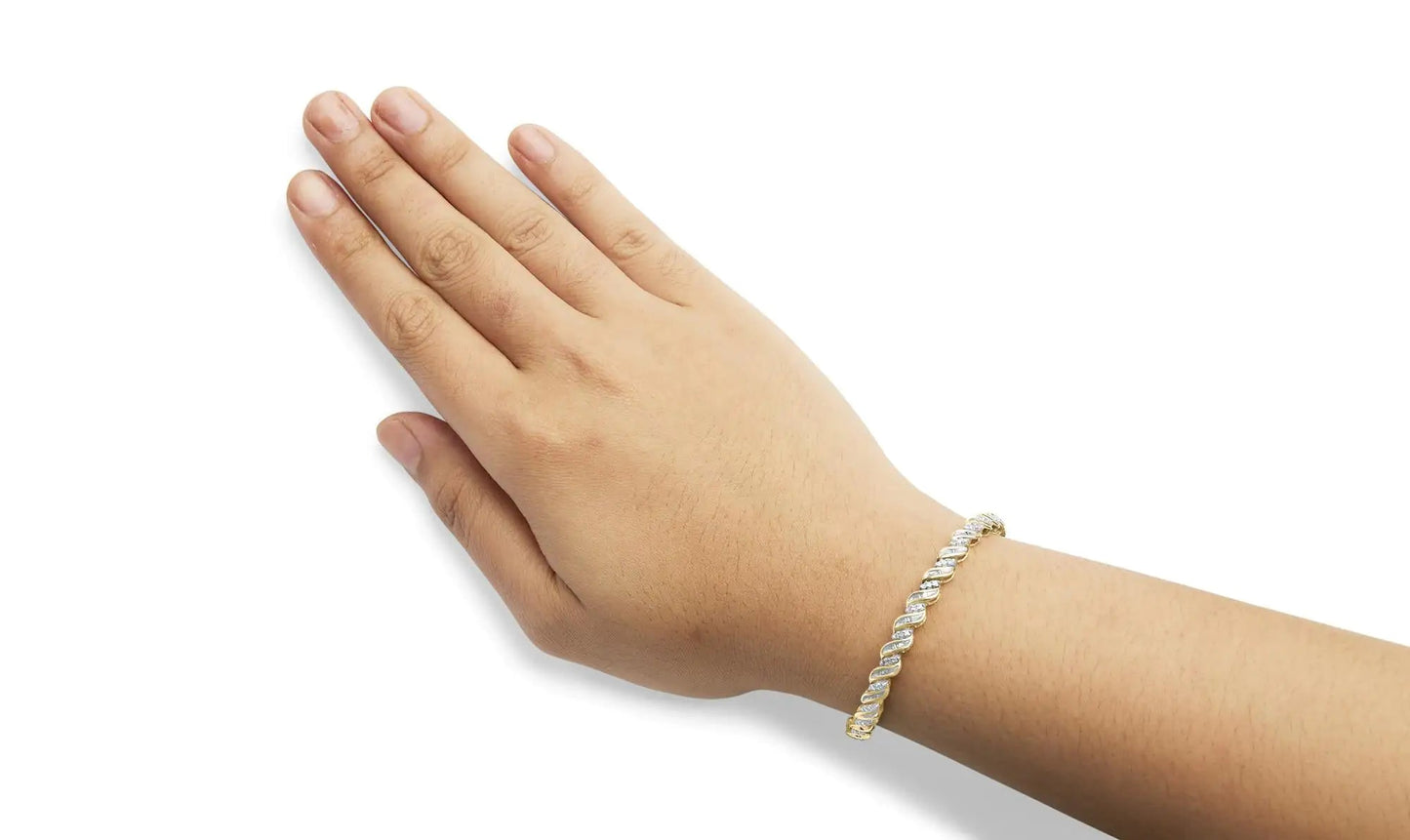 10k Yellow Gold 1.00 Cttw Round-Cut and Baguette-Cut S-Link 7.25" Bracelet (I-J Color, I2-I3 Clarity) WEM Support (www.WEM.support)
