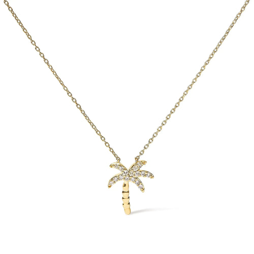 10K Yellow Gold 1/10 Cttw Round Diamond Palm Tree 18" Inch Pendant Necklace (H-I Color, I1-I2 Clarity) WEM Support (www.WEM.support)