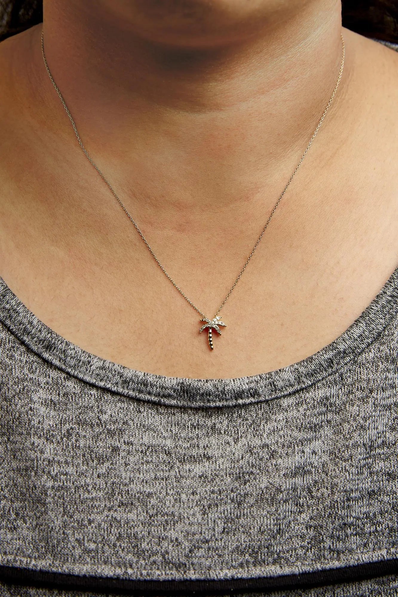 10K Yellow Gold 1/10 Cttw Round Diamond Palm Tree 18" Inch Pendant Necklace (H-I Color, I1-I2 Clarity) WEM Support (www.WEM.support)