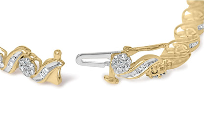 10K Yellow Gold 2.00 Cttw Round-Cut and Baguette-Cut Diamond Floral Design Swirl Link 7" Bracelet (I-J Color, I1-I2 Clarity) WEM Support (www.WEM.support)
