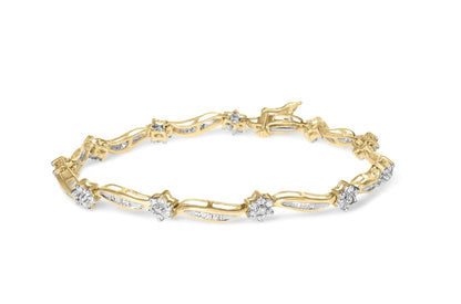 10K Yellow Gold 2.00 Cttw Round-Cut and Baguette-Cut Floral Design Swirl Link 7.5" Bracelet (H-I Color, I2-I3 Clarity) WEM Support (www.WEM.support)