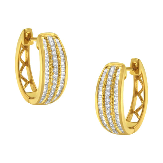 10K Yellow Gold 3/4 Cttw Pave and Channel Set Diamond Triple Row Modern Hoop Earrings (I-J Color, I2-I3 Clarity) WEM Support (www.WEM.support)