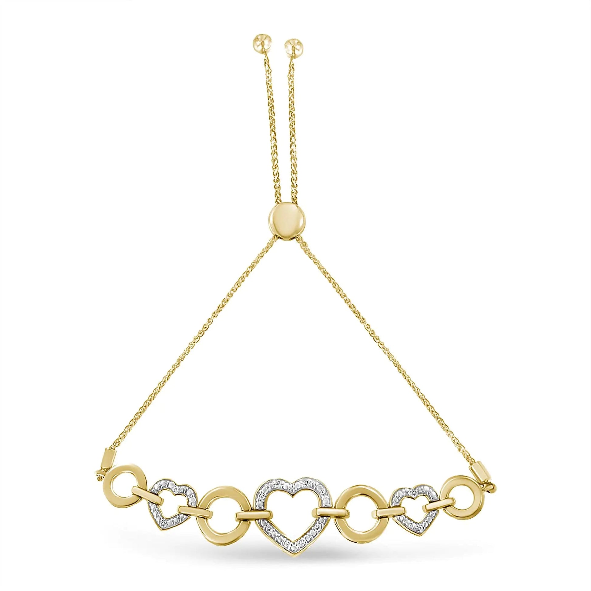 10K Yellow Gold over .925 Sterling Silver 1/10 Cttw Round-Cut Diamond Heart-Link Adjustable Bolo Bracelet (H-I Color, I2-I3 Clarity) - 6"-9" Adjustable WEM Support (www.WEM.support)