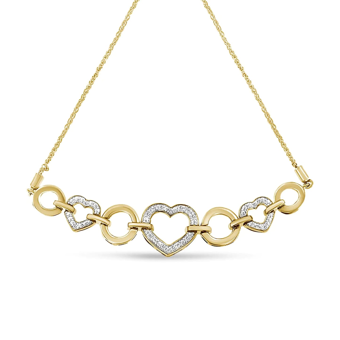 10K Yellow Gold over .925 Sterling Silver 1/10 Cttw Round-Cut Diamond Heart-Link Adjustable Bolo Bracelet (H-I Color, I2-I3 Clarity) - 6"-9" Adjustable WEM Support (www.WEM.support)
