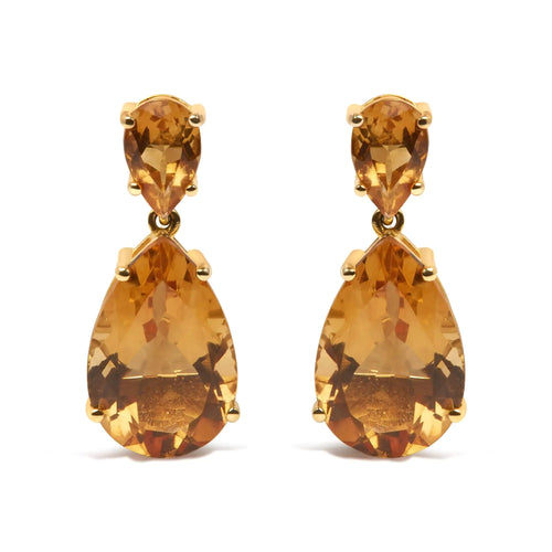 10K Yellow Gold Plated .925 Sterling Silver 12 1/3 Cttw Pear Shaped Orange Citrine Dangle Double Drop Stud Earring WEM Support (www.WEM.support)