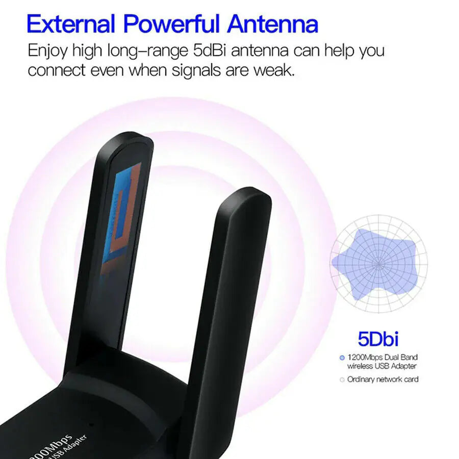 1200Mbps Long Range AC1200 Dual Band 5GHz Wireless USB 3.0 WiFi Adapter Antennas WEM Support (www.WEM.support)