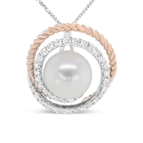 14K Rose and White Gold 3/8 Cttw Pave Diamond and 9mm Round Pearl Spiral Openwork 18" Pendant Necklace- (H-I Color, VS1-VS2 Clarity) WEM Support (www.WEM.support)