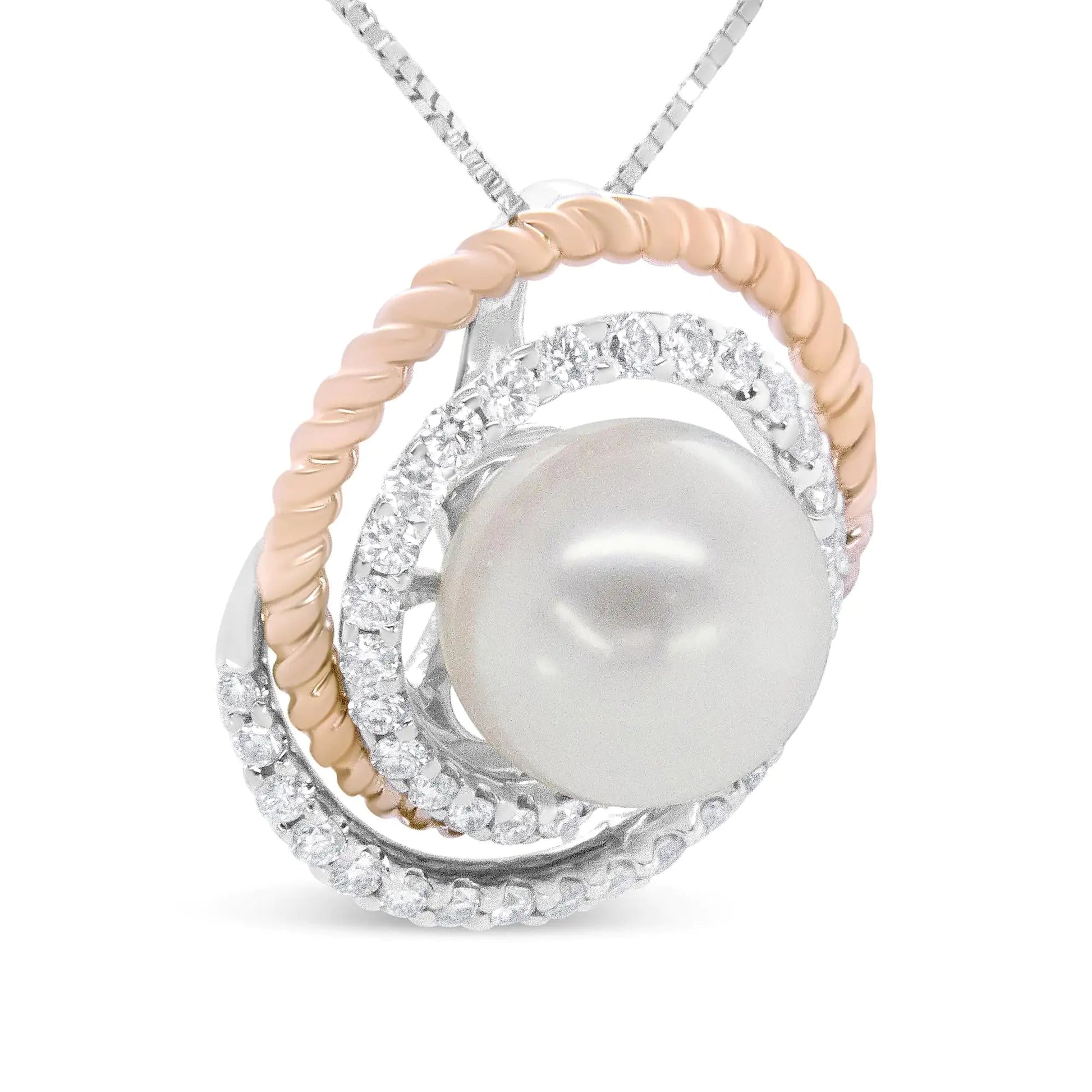 14K Rose and White Gold 3/8 Cttw Pave Diamond and 9mm Round Pearl Spiral Openwork 18" Pendant Necklace- (H-I Color, VS1-VS2 Clarity) WEM Support (www.WEM.support)