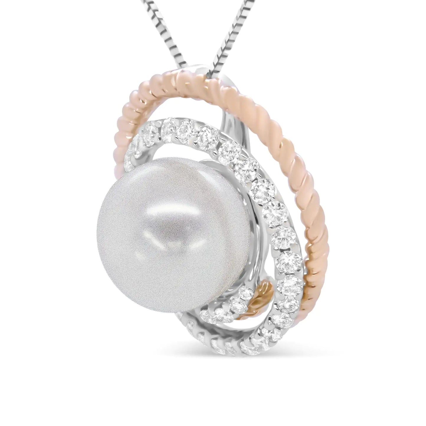 14K Rose and White Gold 3/8 Cttw Pave Diamond and 9mm Round Pearl Spiral Openwork 18" Pendant Necklace- (H-I Color, VS1-VS2 Clarity) WEM Support (www.WEM.support)