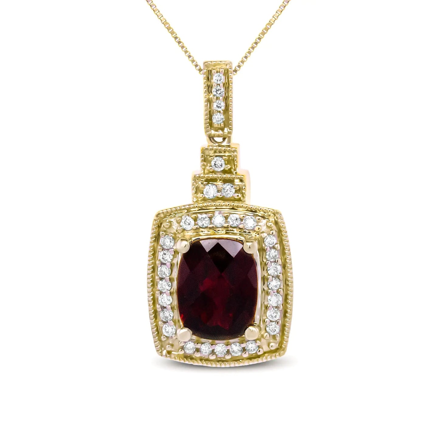 14K Yellow Gold 1/5 Cttw Round Diamond and 9x7mm Cushion Cut Red Garnet Halo 18" Pendant Necklace (H-I Color, VS1-VS2 Clarity) WEM Support (www.WEM.support)