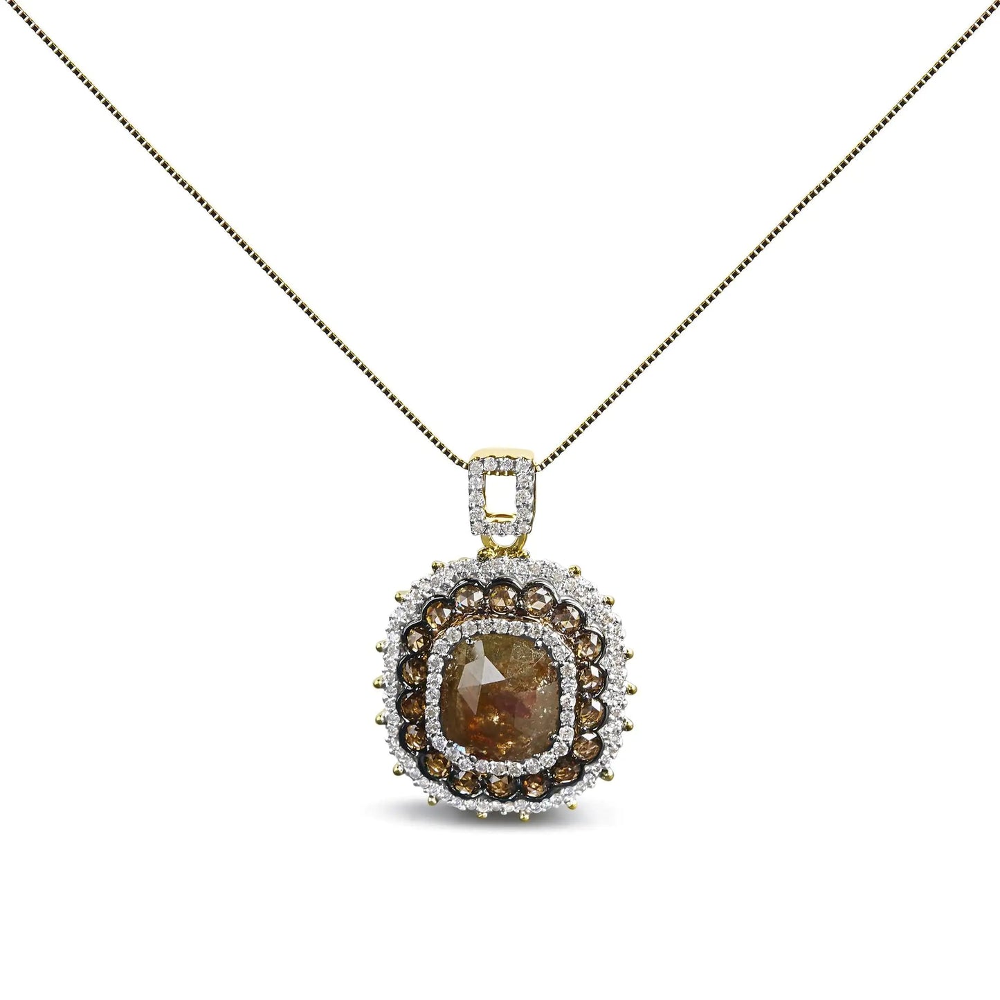 14K Yellow Gold 4 1/5 Cttw Fancy Color Rose Cut Diamond Cushion Shaped Triple Halo 18" Inch Pendant Necklace (Fancy Color, I2-I3 Clarity) WEM Support (www.WEM.support)