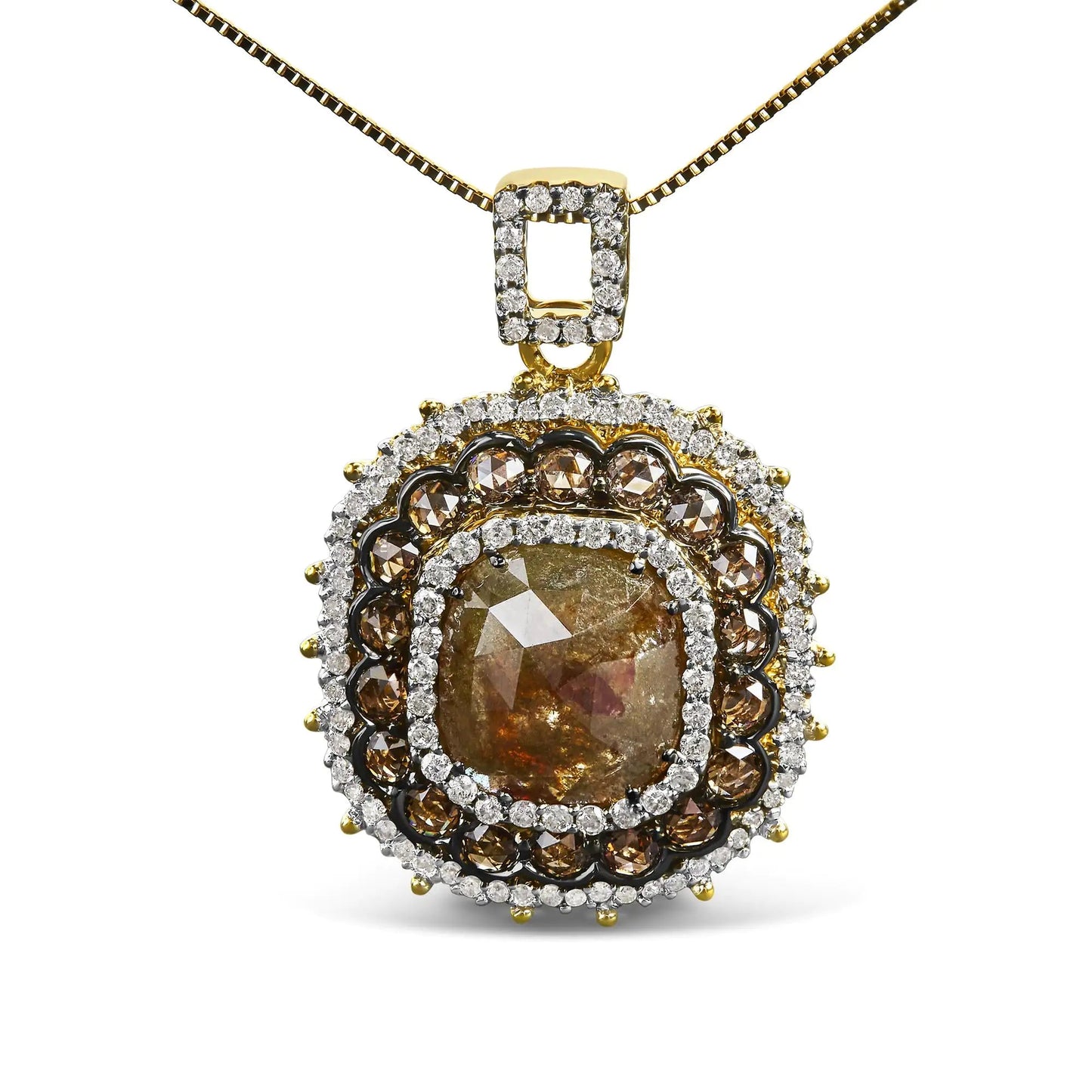 14K Yellow Gold 4 1/5 Cttw Fancy Color Rose Cut Diamond Cushion Shaped Triple Halo 18" Inch Pendant Necklace (Fancy Color, I2-I3 Clarity) WEM Support (www.WEM.support)