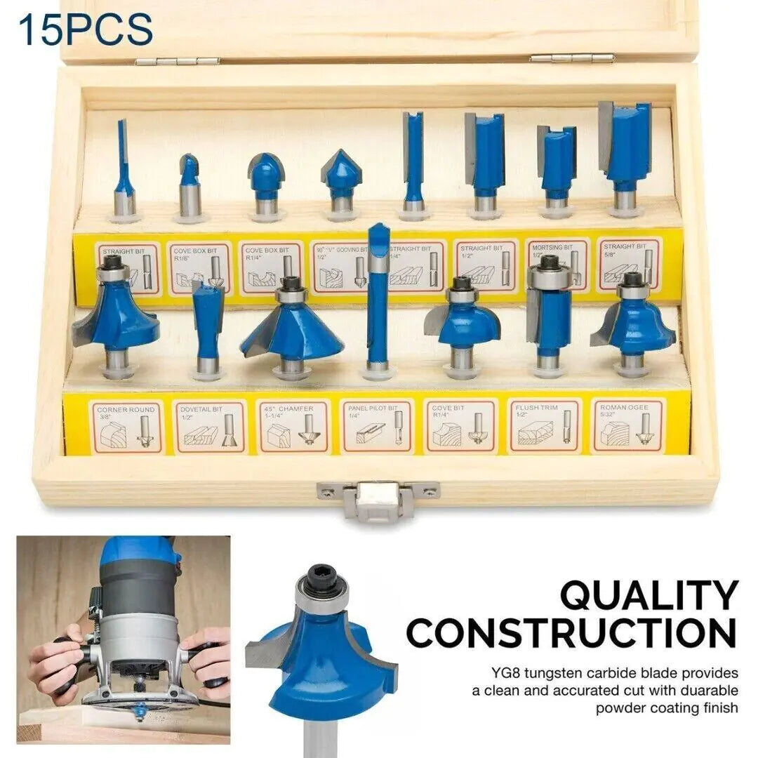 15Pcs Carbon Milling Cutter Router Bit Set Tungsten Carbide Router 1/4" Shank US WEM Support (www.WEM.support)