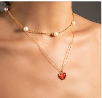18K Gold Stainless Steel Inlaid Red Agate Love Pendant Necklace WEM Support (www.WEM.support)