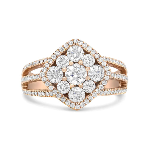 18K Rose Gold 1 1/4 Cttw Diamond Halo Cluster Split Shank Ring Band (F-G Color, VS1-VS2 Clarity) WEM Support (www.WEM.support)