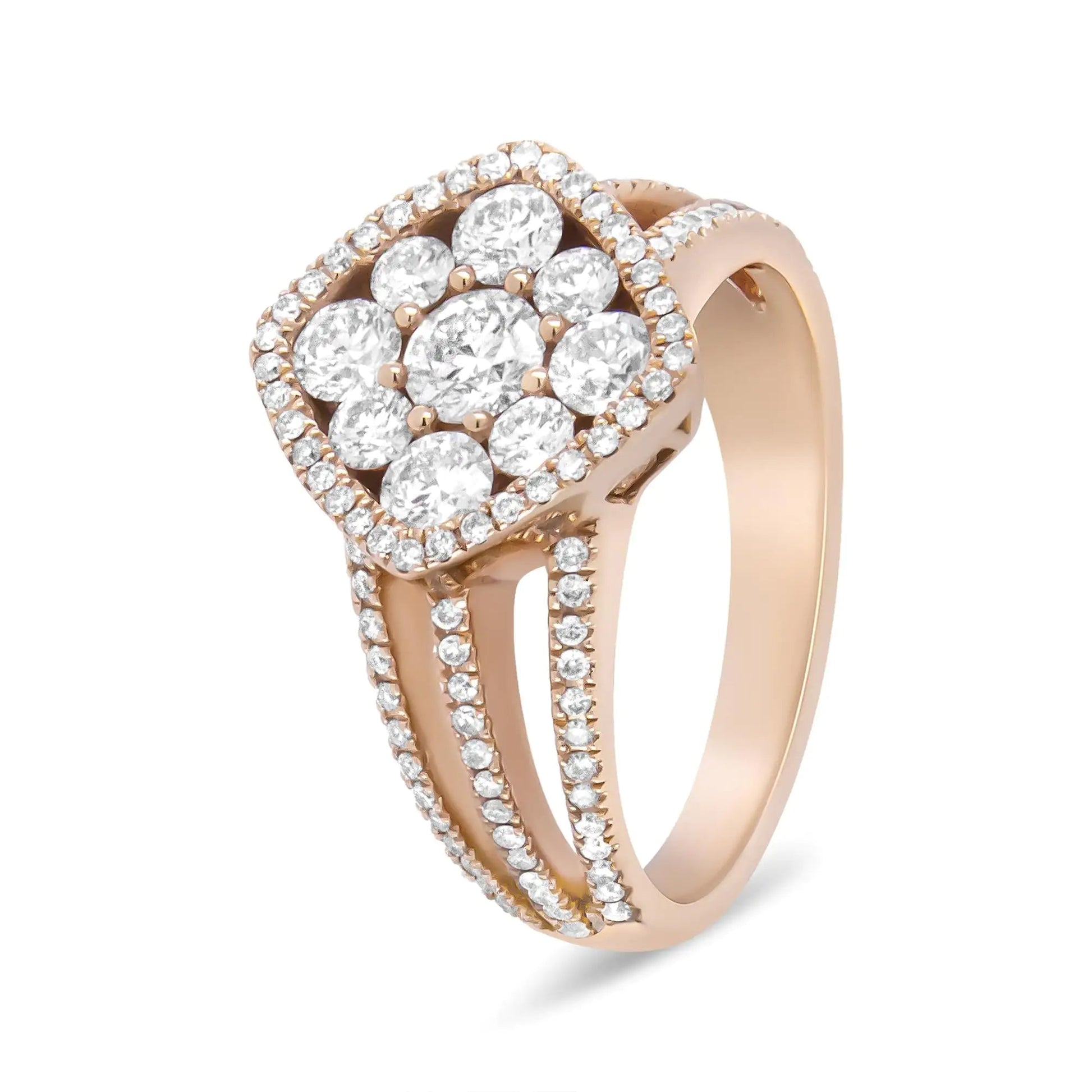 18K Rose Gold 1 1/4 Cttw Diamond Halo Cluster Split Shank Ring Band (F-G Color, VS1-VS2 Clarity) WEM Support (www.WEM.support)