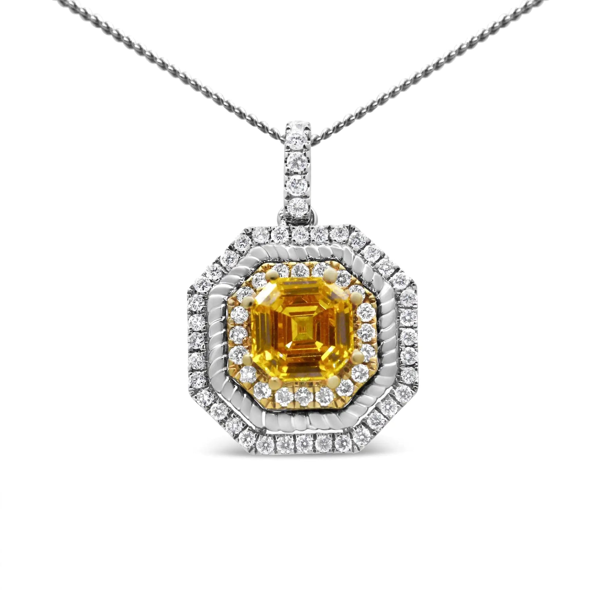 18K White and Yellow Gold 2 1/4 Cttw Lab Grown Yellow Asscher Cut Diamond Art Deco Style Halo 18" Pendant Necklace (Yellow/G-H Color, VS1-VS2 Clarity) WEM Support (www.WEM.support)