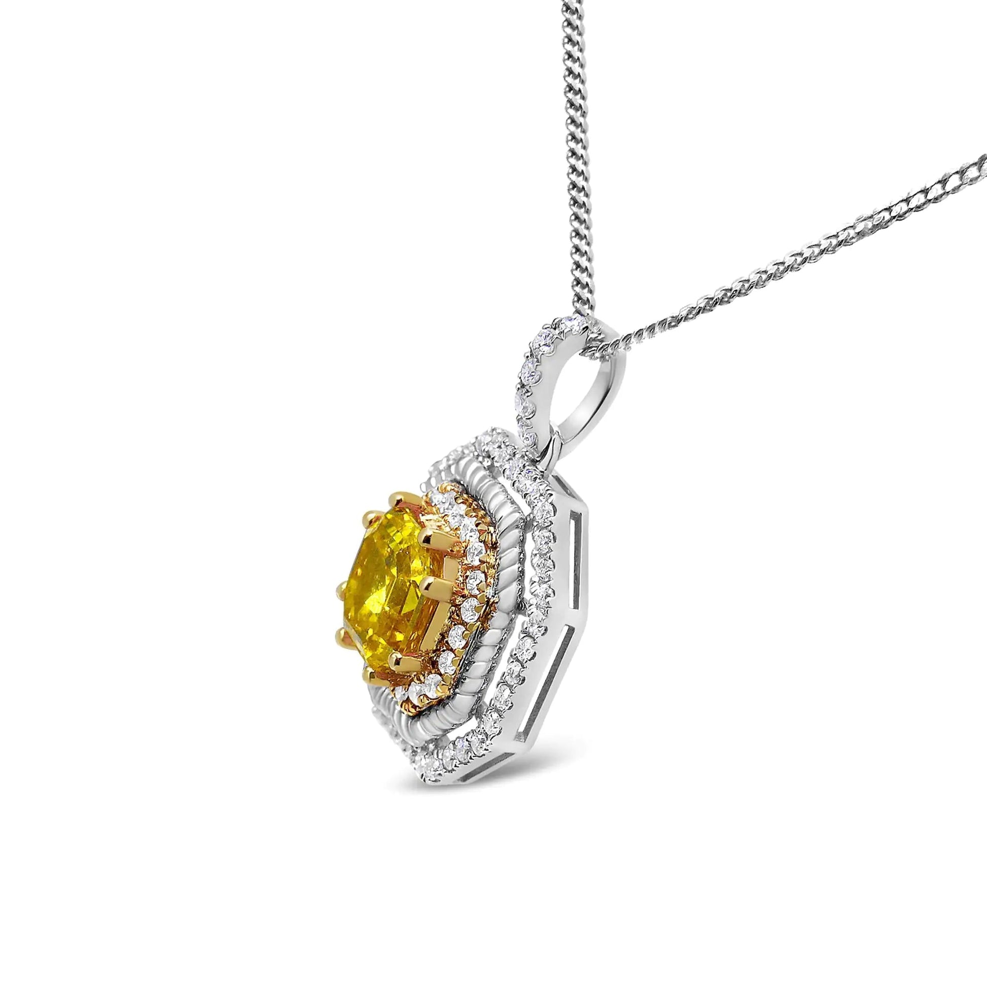18K White and Yellow Gold 2 1/4 Cttw Lab Grown Yellow Asscher Cut Diamond Art Deco Style Halo 18" Pendant Necklace (Yellow/G-H Color, VS1-VS2 Clarity) WEM Support (www.WEM.support)