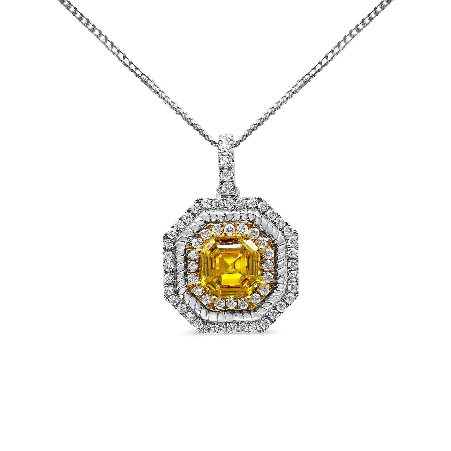 18K White and Yellow Gold 2 1/4 Cttw Lab Grown Yellow Asscher Cut Diamond Art Deco Style Halo 18" Pendant Necklace (Yellow/G-H Color, VS1-VS2 Clarity) WEM Support (www.WEM.support)