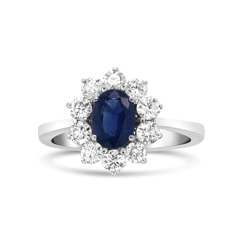 18K White Gold 7x5 mm Oval Cut Blue Sapphire and Round Diamond 3/4 Cttw Sunburst Halo Ring (F-G Color, VS1-VS2 Clarity) WEM Support (www.WEM.support)