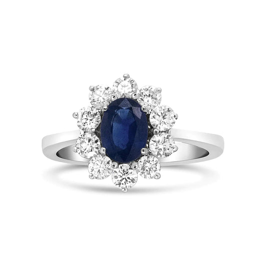 18K White Gold 7x5 mm Oval Cut Blue Sapphire and Round Diamond 3/4 Cttw Sunburst Halo Ring (F-G Color, VS1-VS2 Clarity) WEM Support (www.WEM.support)