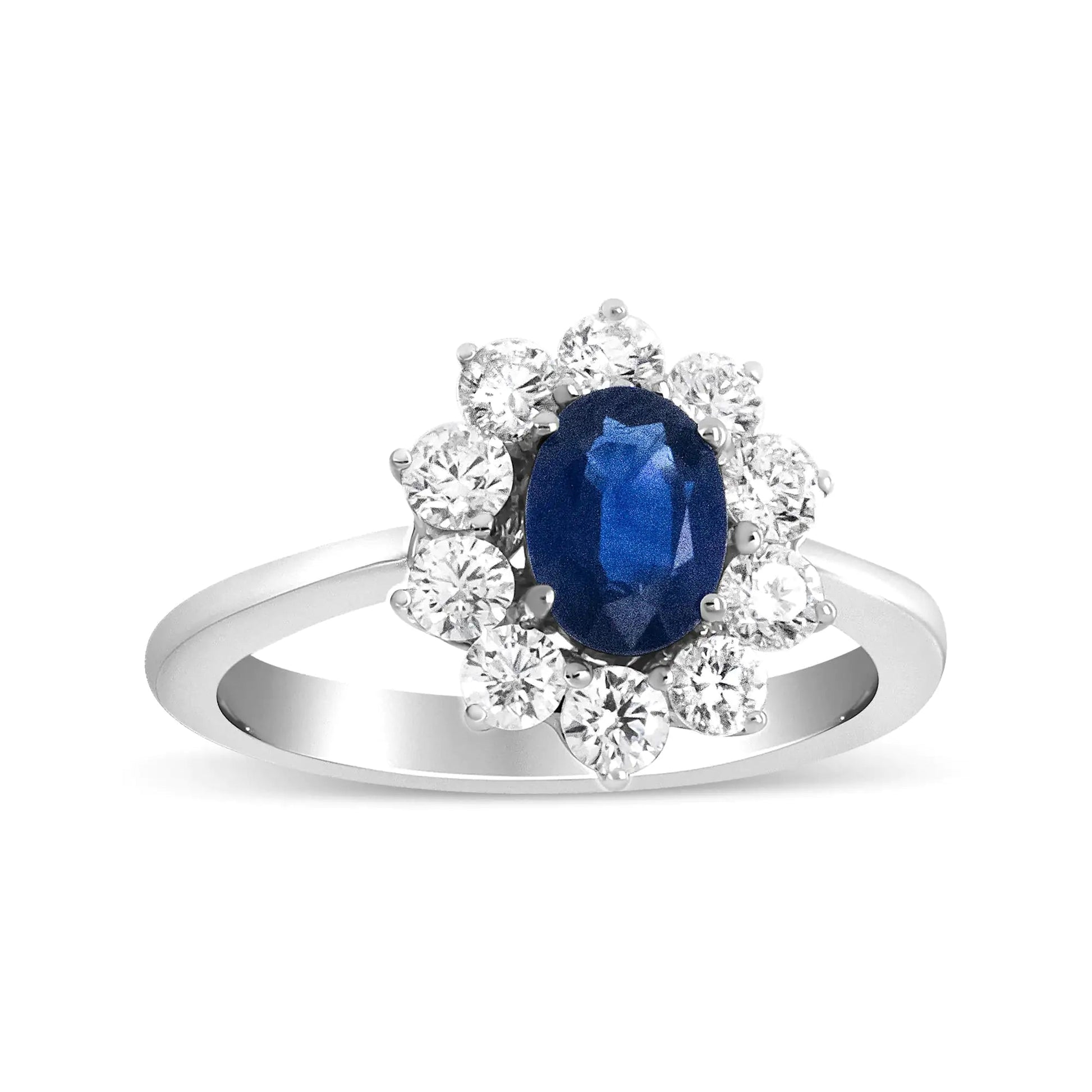 18K White Gold 7x5 mm Oval Cut Blue Sapphire and Round Diamond 3/4 Cttw Sunburst Halo Ring (F-G Color, VS1-VS2 Clarity) WEM Support (www.WEM.support)