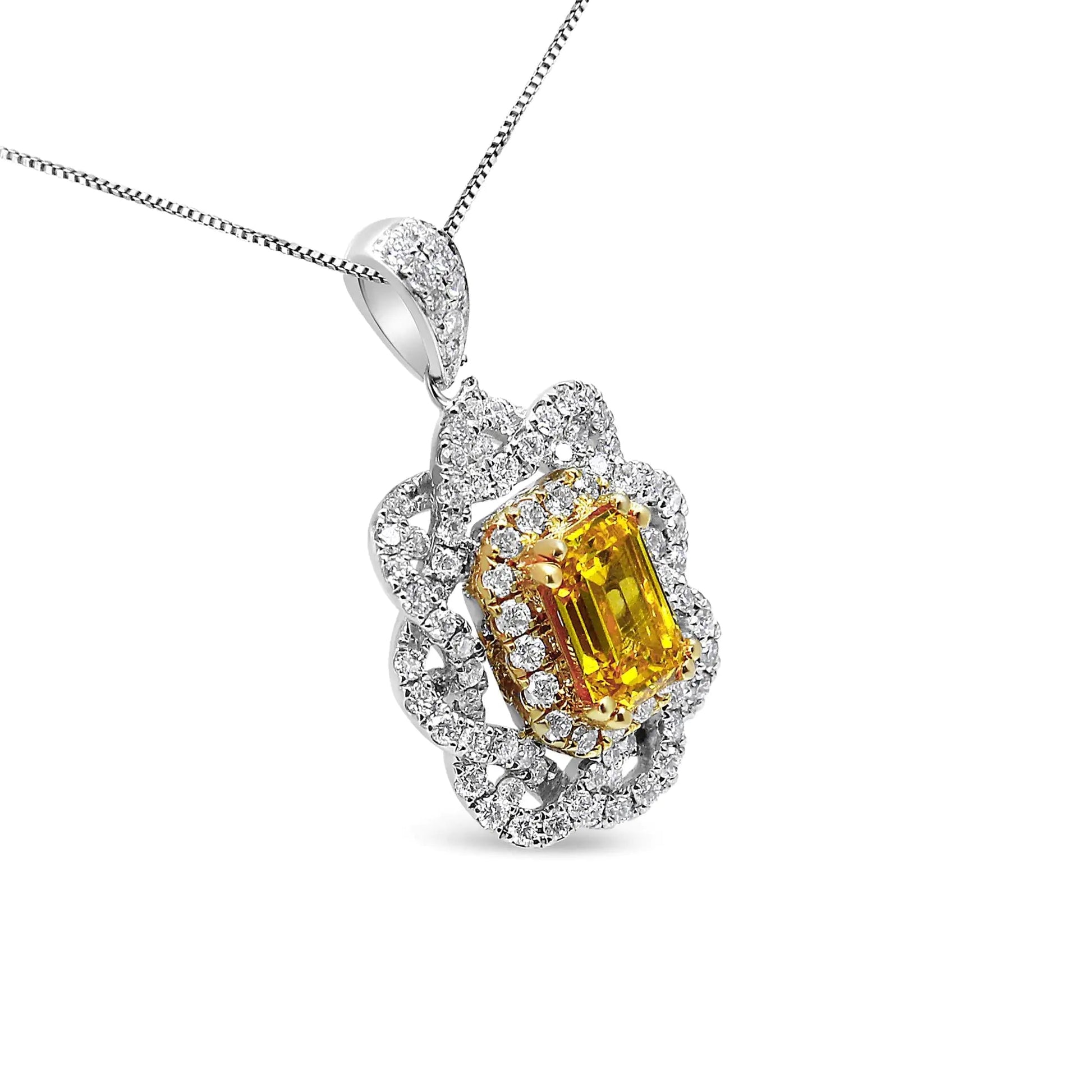 18K Yellow and White Gold 1.75 Cttw Diamond Lab Grown Treated Yellow Emerald Center Diamond Halo 18" Pendant Necklace (Yellow/G-H Color, VS1-VS2 Clarity) WEM Support (www.WEM.support)