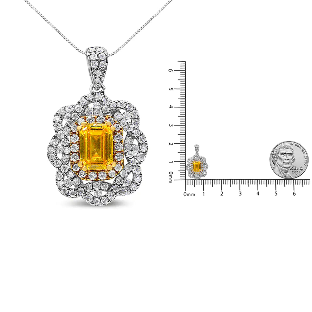18K Yellow and White Gold 1.75 Cttw Diamond Lab Grown Treated Yellow Emerald Center Diamond Halo 18" Pendant Necklace (Yellow/G-H Color, VS1-VS2 Clarity) WEM Support (www.WEM.support)