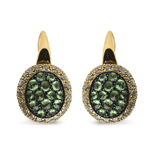 18K Yellow Gold 3 1/2 Cttw Diamond and Round Green Tsavorite Gemstone Round Domed Drop Hoop Earrings (Brown Color, SI1-SI2 Clarity) WEM Support (www.WEM.support)