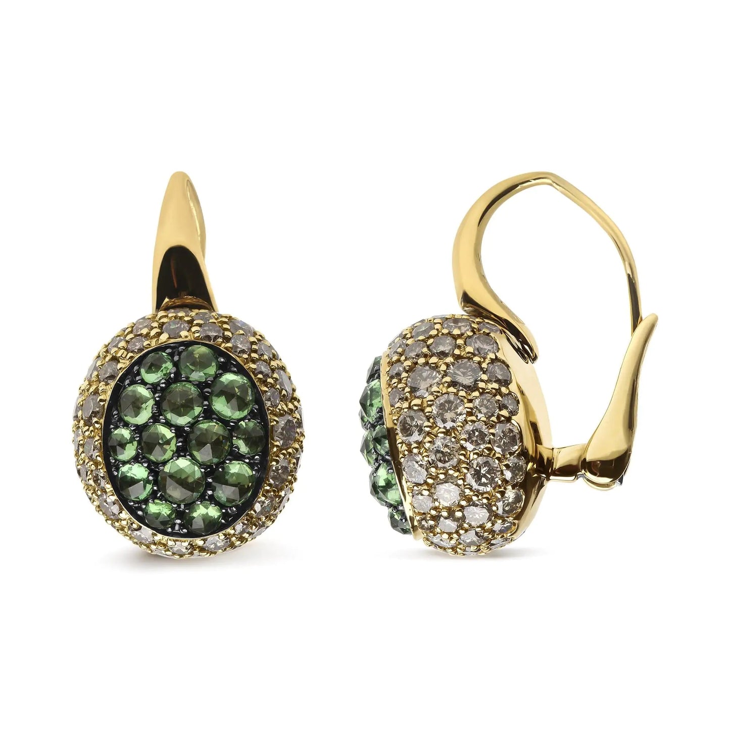 18K Yellow Gold 3 1/2 Cttw Diamond and Round Green Tsavorite Gemstone Round Domed Drop Hoop Earrings (Brown Color, SI1-SI2 Clarity) WEM Support (www.WEM.support)