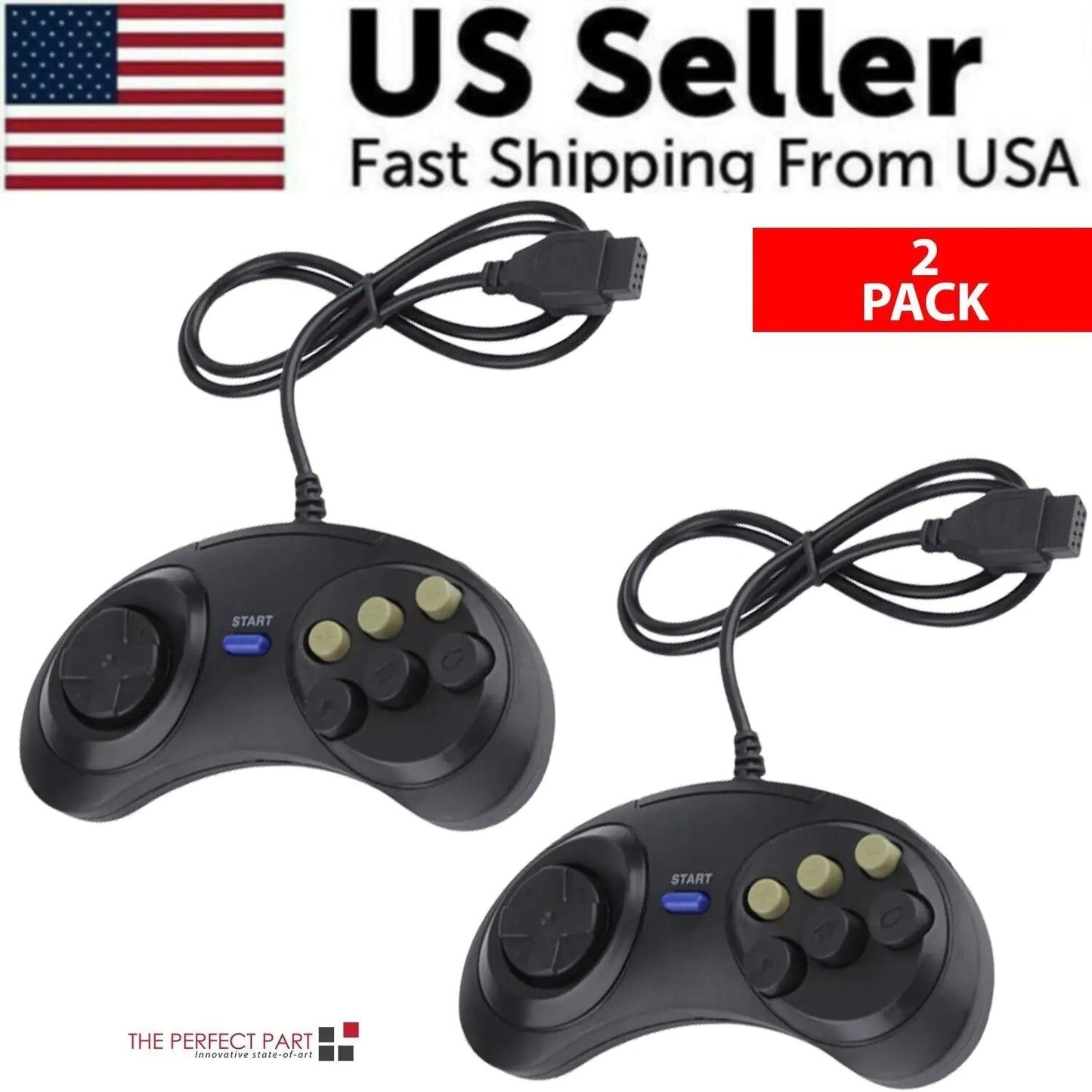 2X 6 Button Game Pad Controller For SEGA Genesis Black Old School Classic New WEM Support (www.WEM.support)