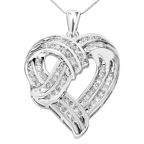 .925 Sterling Silver 1 1/4 Cttw Round Diamond Openwork Ribbon Weave Heart Pendant 18" Necklace (I-J Color, I3 Clarity) WEM Support (www.WEM.support)