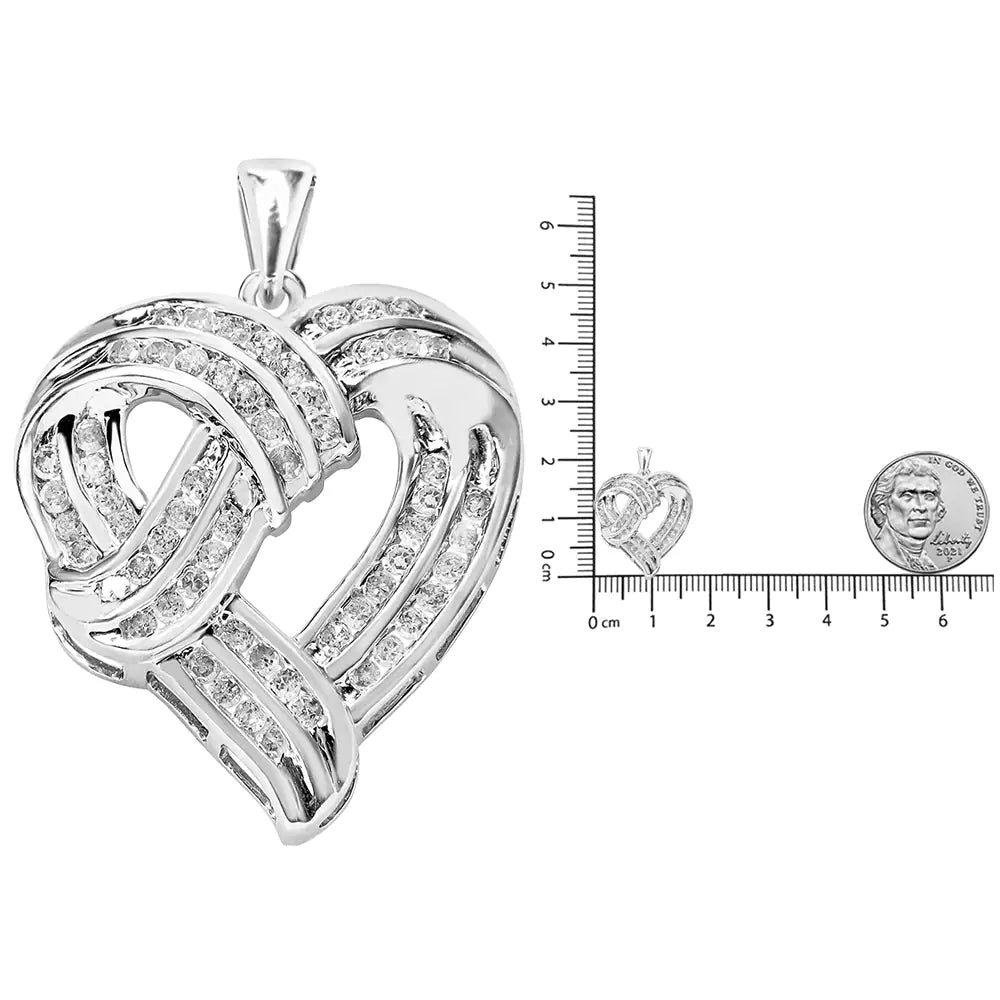 .925 Sterling Silver 1 1/4 Cttw Round Diamond Openwork Ribbon Weave Heart Pendant 18" Necklace (I-J Color, I3 Clarity) WEM Support (www.WEM.support)
