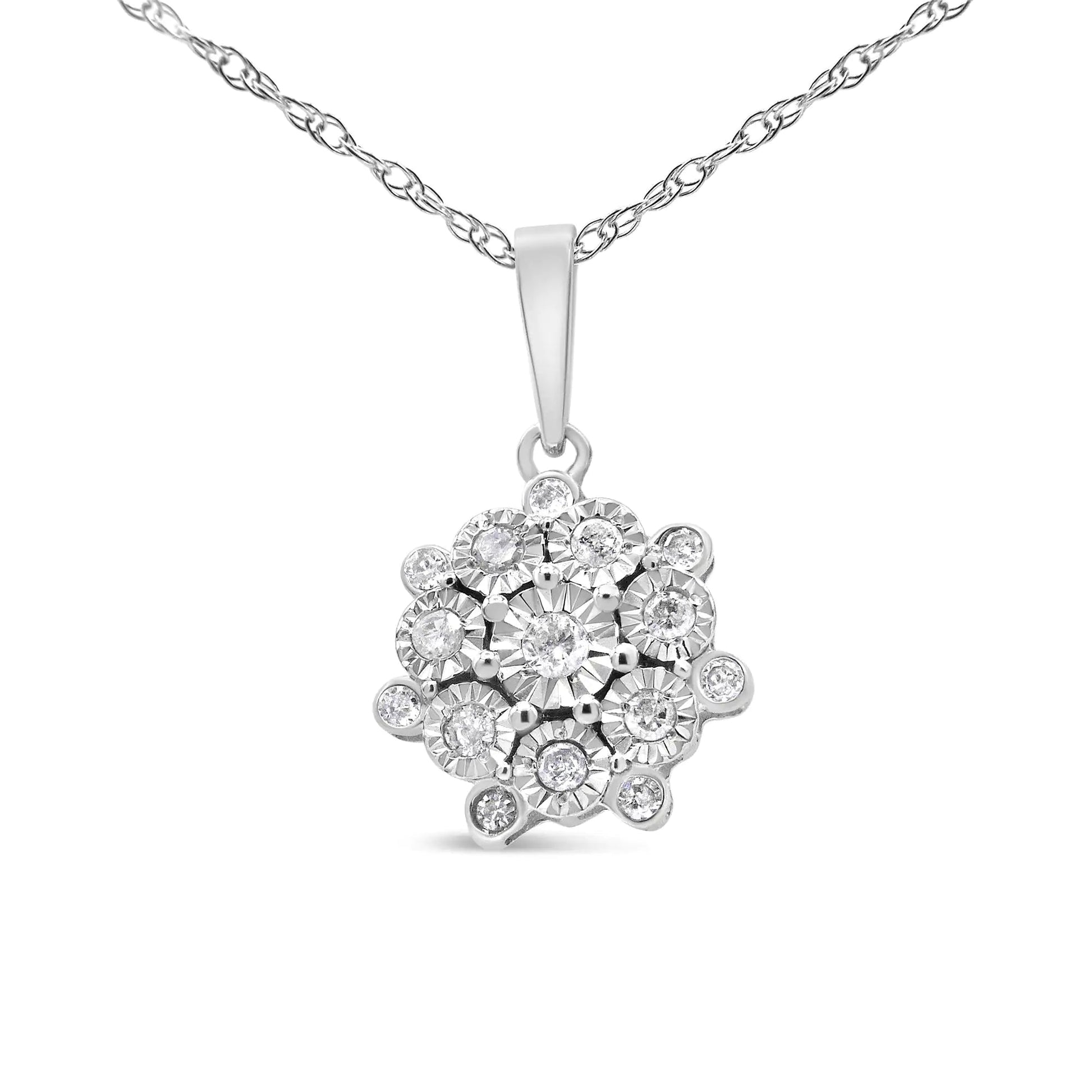 .925 Sterling Silver 1/4 Cttw Miracle Set Diamond Floral Cluster 18" Pendant Necklace for Women (I-J Color, I1-I2 Clarity) WEM Support (www.WEM.support)