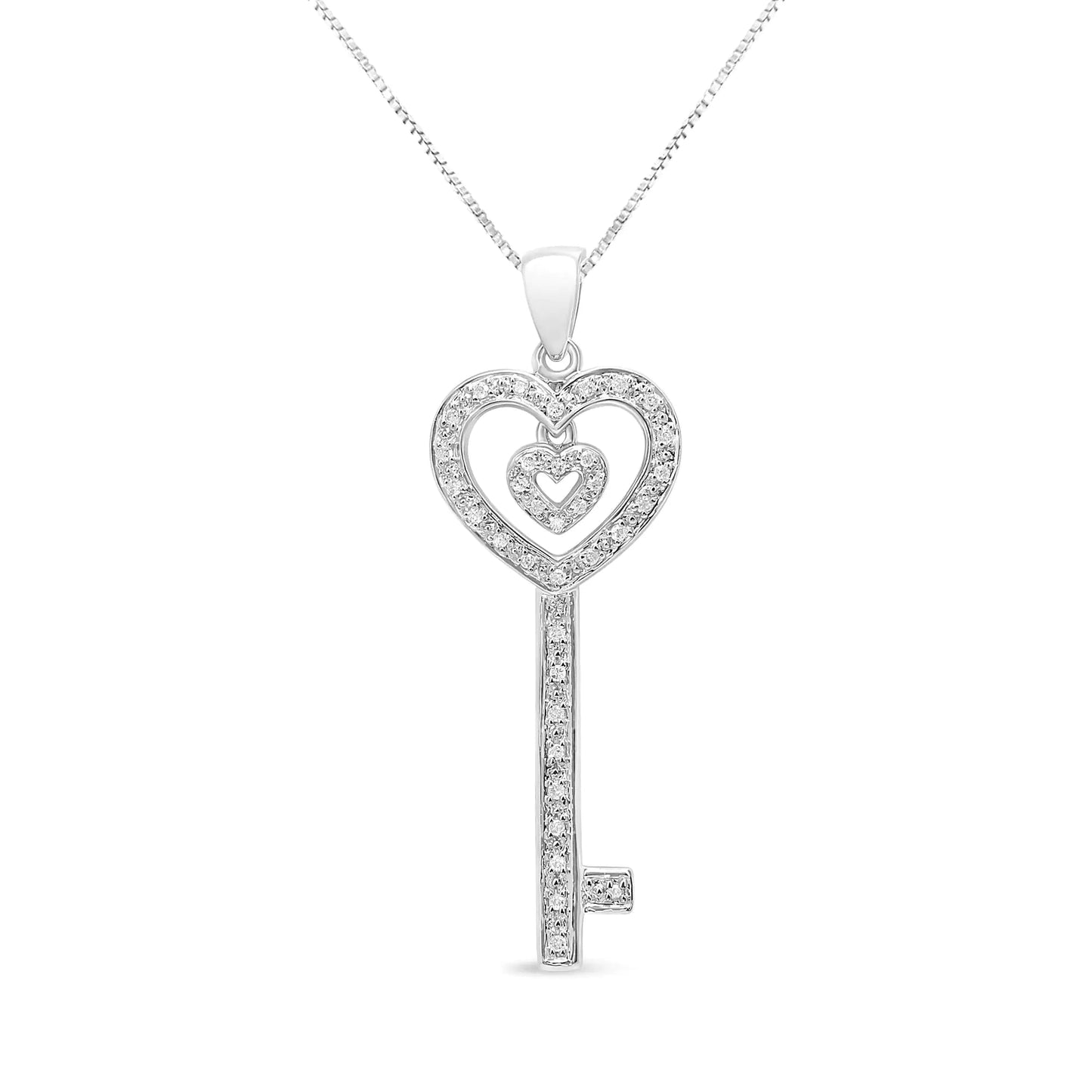 .925 Sterling Silver 1/5 Cttw Round-Cut Diamond Double Heart & Key 18" Pendant Necklace (I-J Color, I3 Clarity) WEM Support (www.WEM.support)