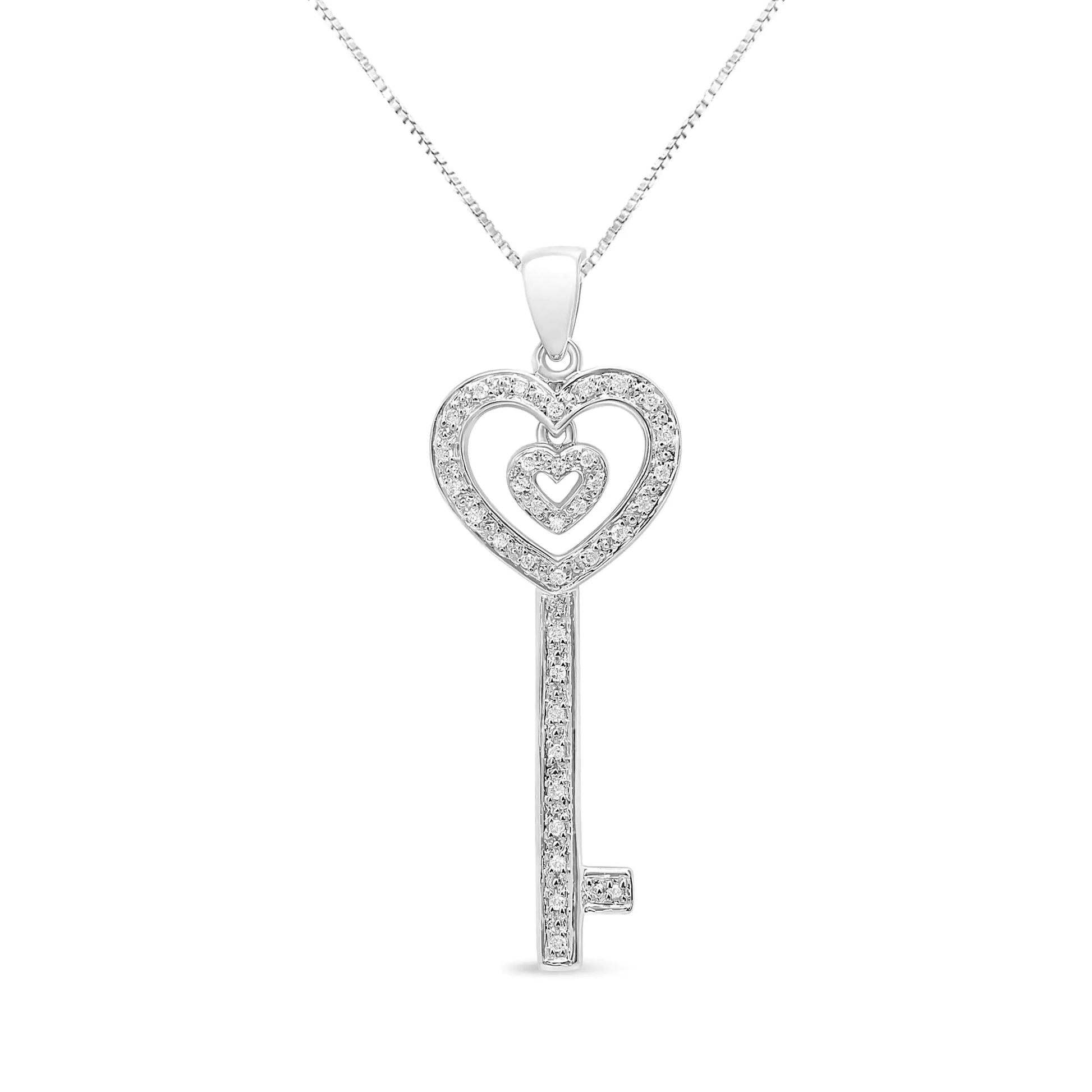 .925 Sterling Silver 1/5 Cttw Round-Cut Diamond Double Heart & Key 18" Pendant Necklace (I-J Color, I3 Clarity) WEM Support (www.WEM.support)
