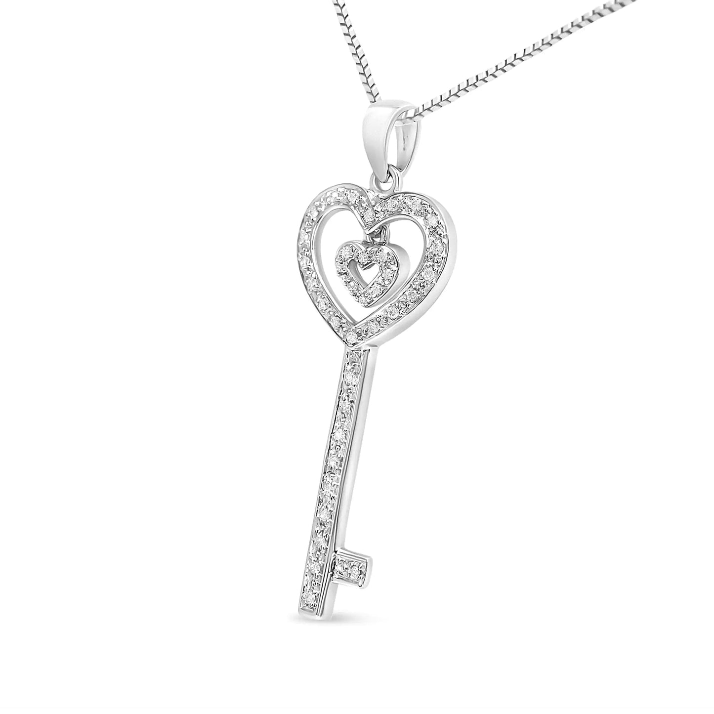 .925 Sterling Silver 1/5 Cttw Round-Cut Diamond Double Heart & Key 18" Pendant Necklace (I-J Color, I3 Clarity) WEM Support (www.WEM.support)