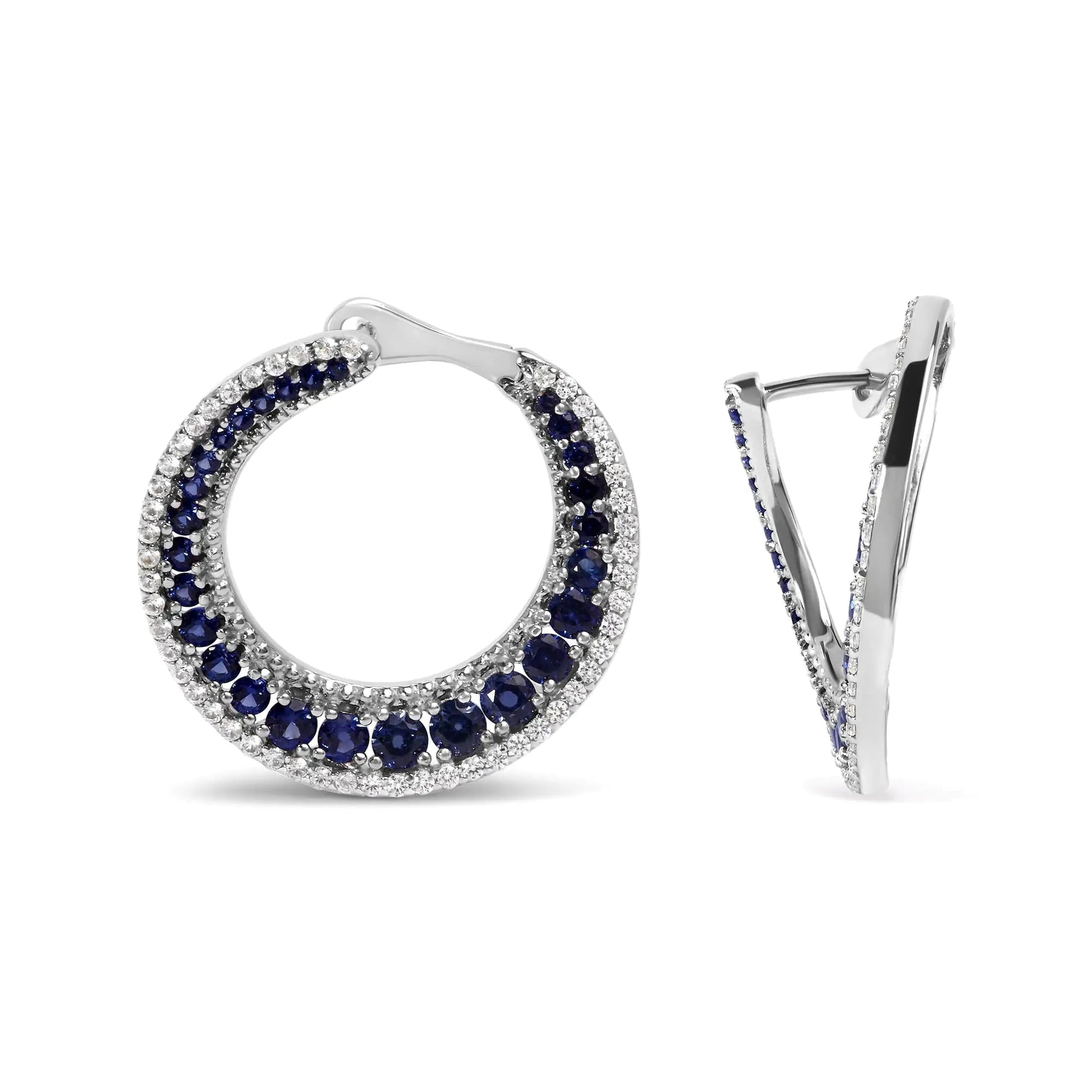 .925 Sterling Silver 2 3/4 Cttw Created Blue Sapphire Crescent Moon Disc Style Hoop Earrings - AAA Quality WEM Support (www.WEM.support)