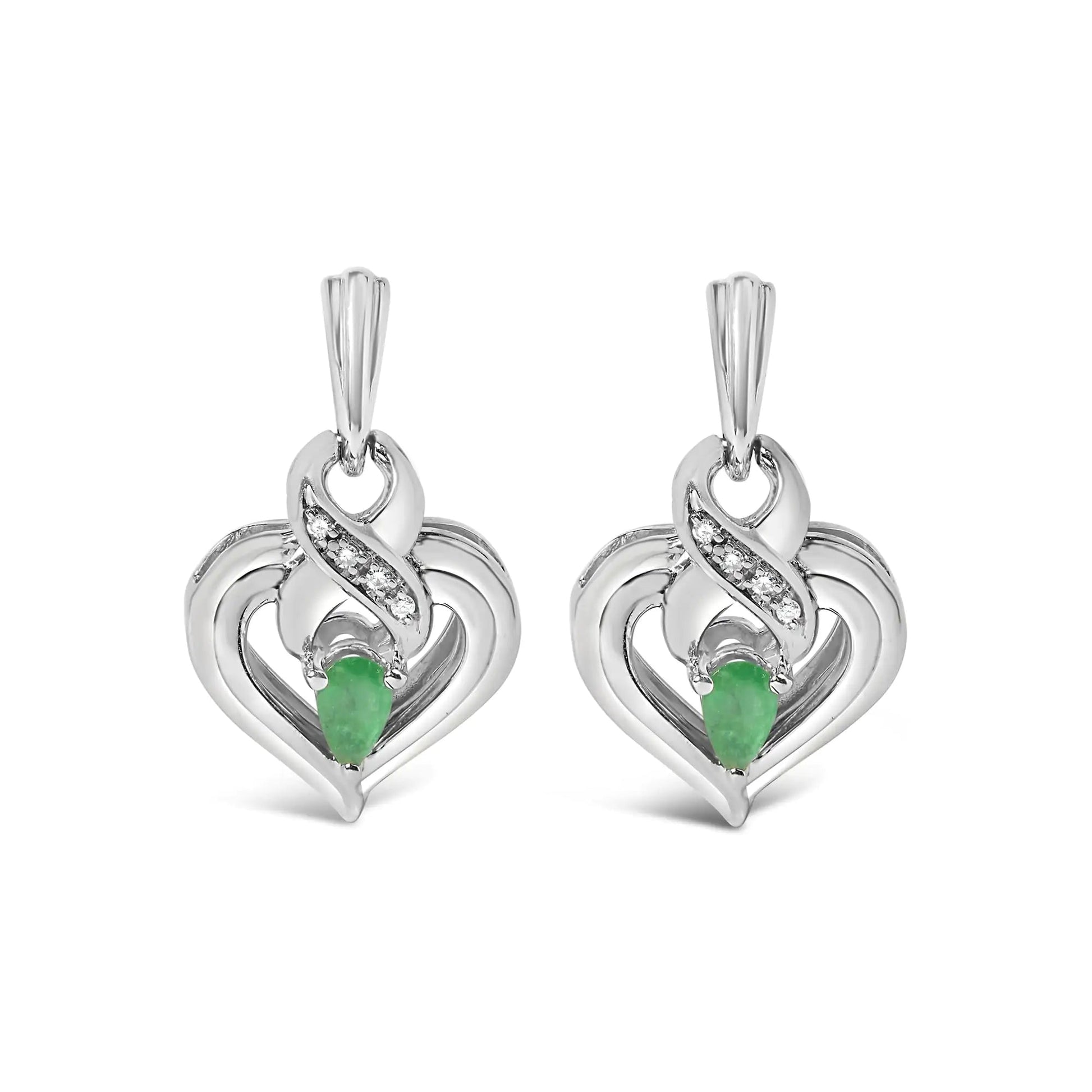 .925 Sterling Silver 5x3mm Pear Emerald Gemstone with Diamond Accent Heart Dangle Stud Earrings (H-I Color, SI1-SI2 Clarity) WEM Support (www.WEM.support)
