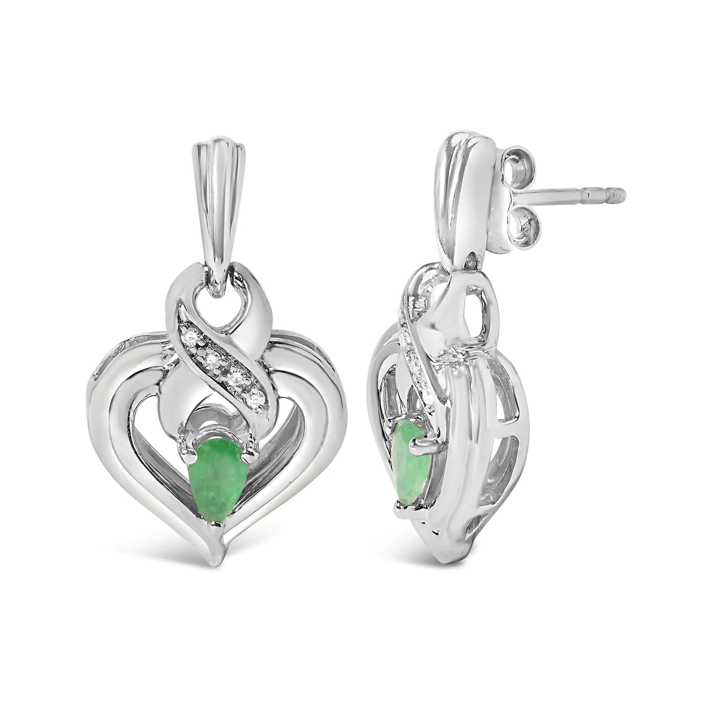 .925 Sterling Silver 5x3mm Pear Emerald Gemstone with Diamond Accent Heart Dangle Stud Earrings (H-I Color, SI1-SI2 Clarity) WEM Support (www.WEM.support)