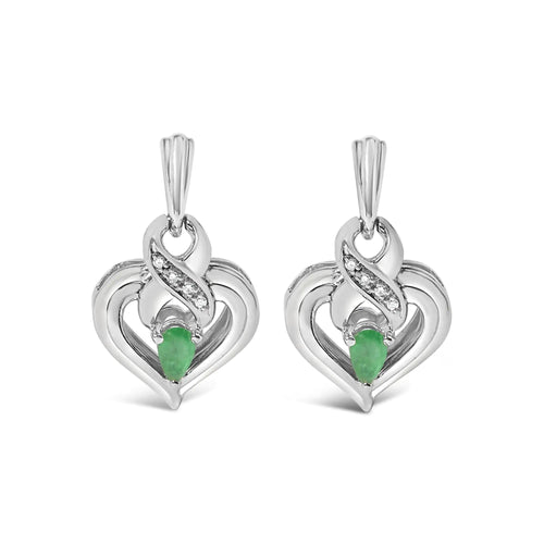 .925 Sterling Silver 5x3mm Pear Emerald Gemstone with Diamond Accent Heart Dangle Stud Earrings (H-I Color, SI1-SI2 Clarity) WEM Support (www.WEM.support)