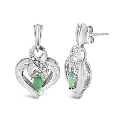 .925 Sterling Silver 5x3mm Pear Emerald Gemstone with Diamond Accent Heart Dangle Stud Earrings (H-I Color, SI1-SI2 Clarity) WEM Support (www.WEM.support)