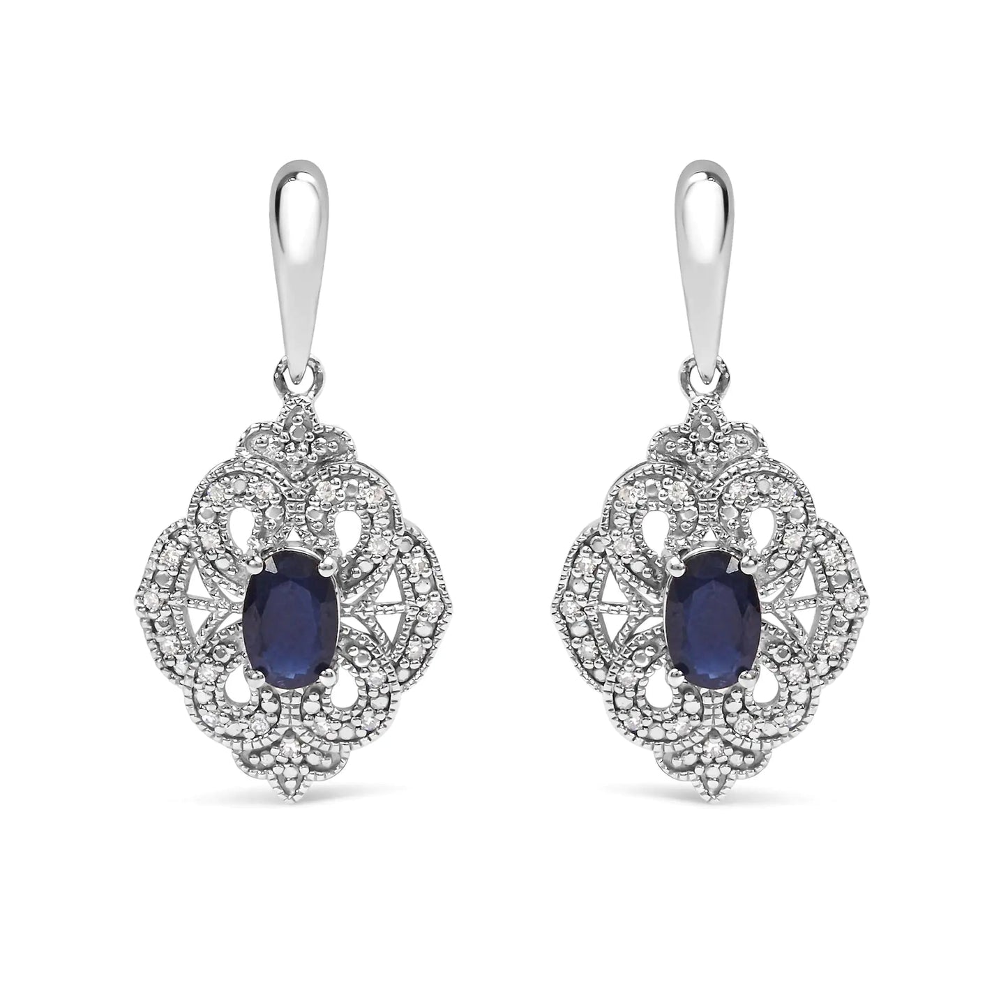 .925 Sterling Silver 6x4 MM Oval Blue Sapphire and White Diamond Accent Art Deco Style Shield Dangle Earring (I-J Color, I3 Clarity) WEM Support (www.WEM.support)
