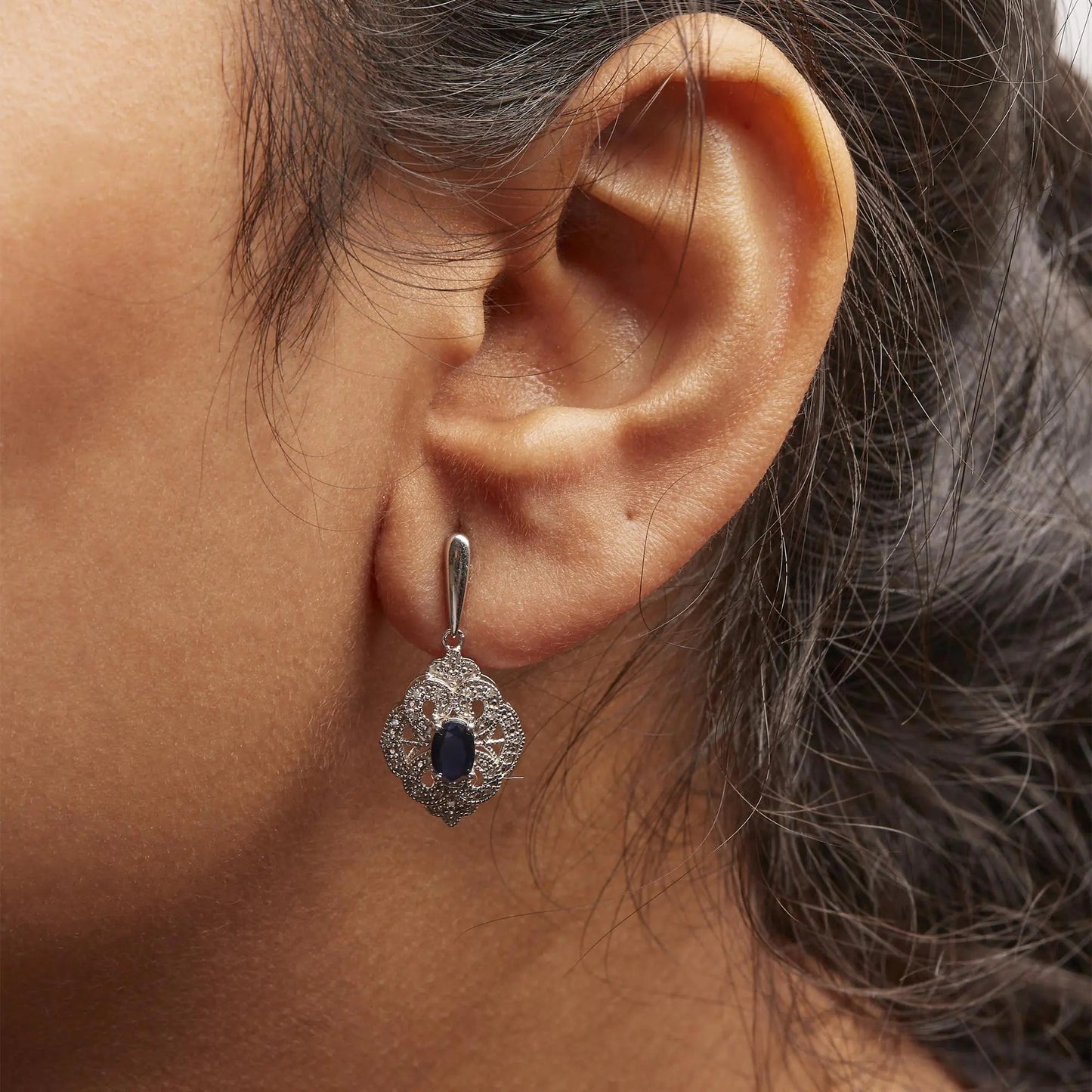 .925 Sterling Silver 6x4 MM Oval Blue Sapphire and White Diamond Accent Art Deco Style Shield Dangle Earring (I-J Color, I3 Clarity) WEM Support (www.WEM.support)